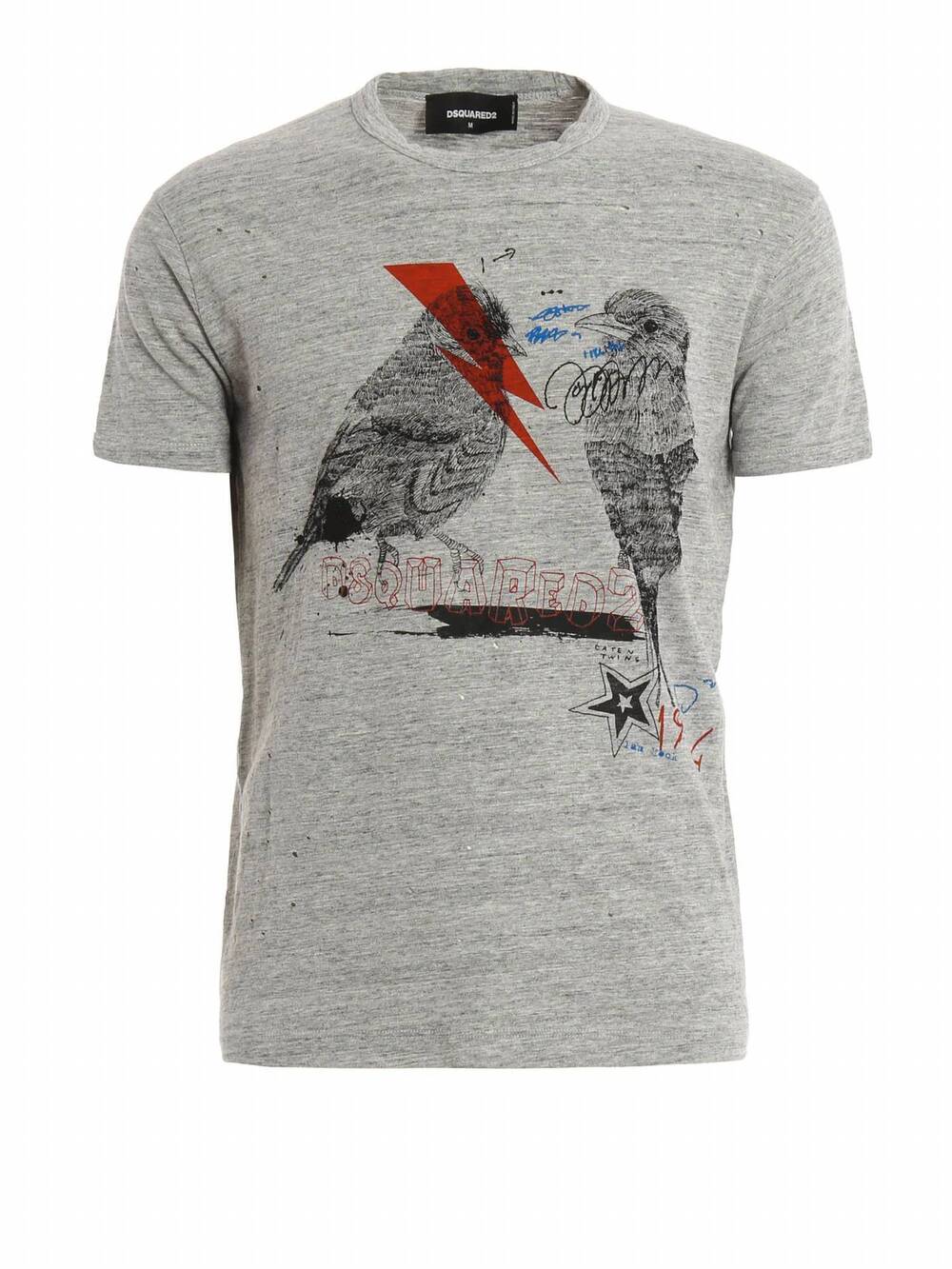 NEW DSQUARED2 women's distressed birds sketched t-shirt in grey
